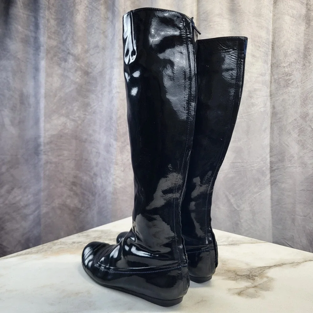Lanvin Patent Leather Knee High Back Zip Boots Dark Blue Women's Size 6